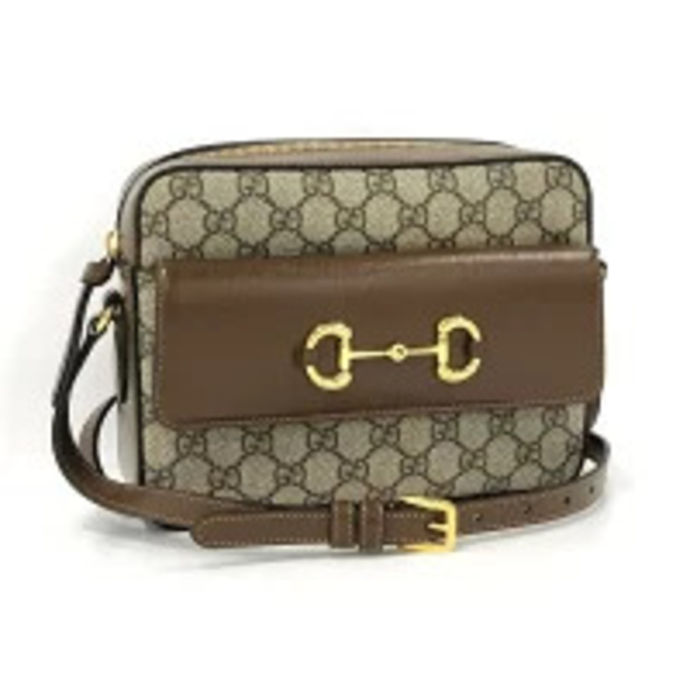 GUCCI Shoulder Bag Horsebit Logo Leather Gray